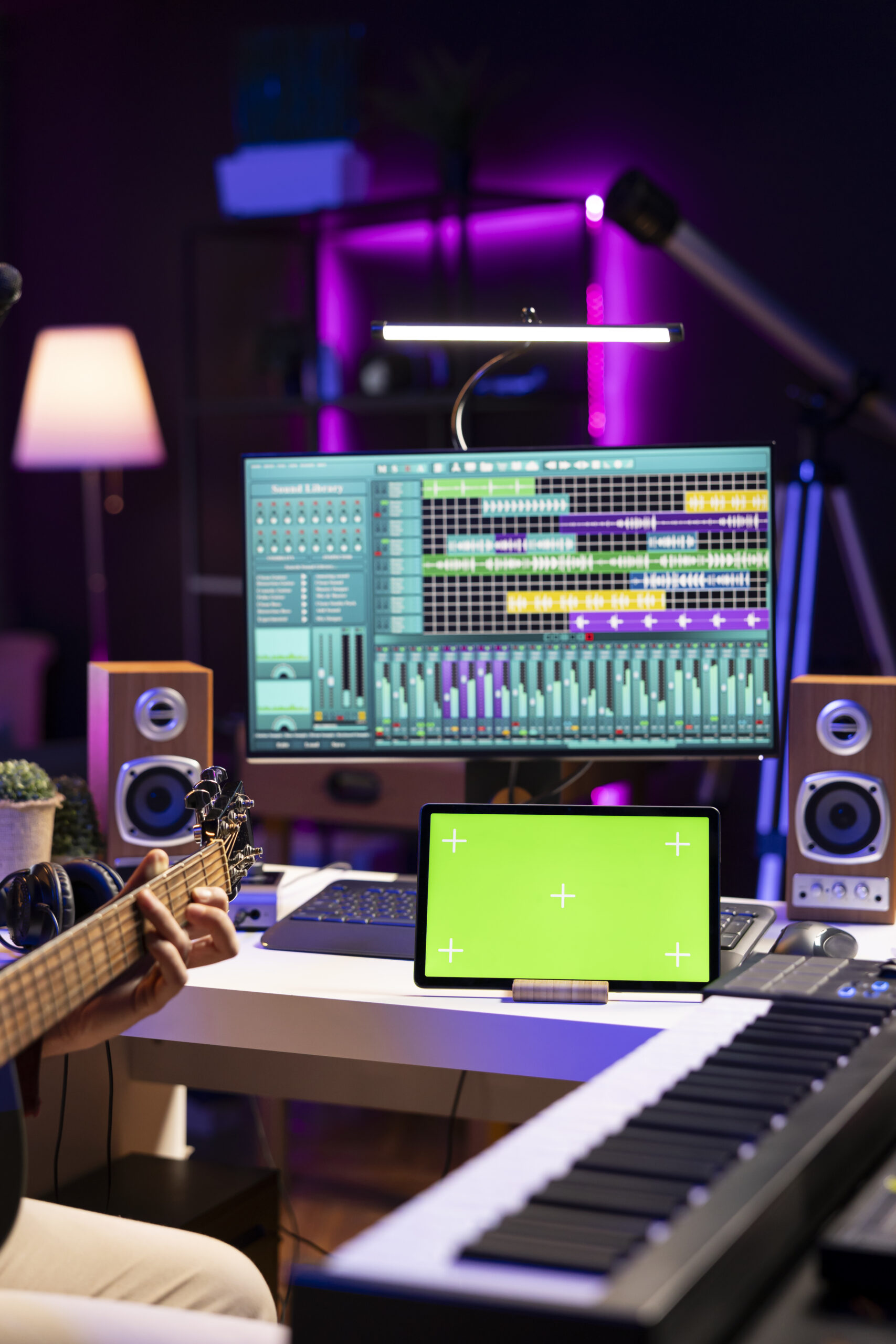 audio producer practices playing guitar using learning tutorial on tablet